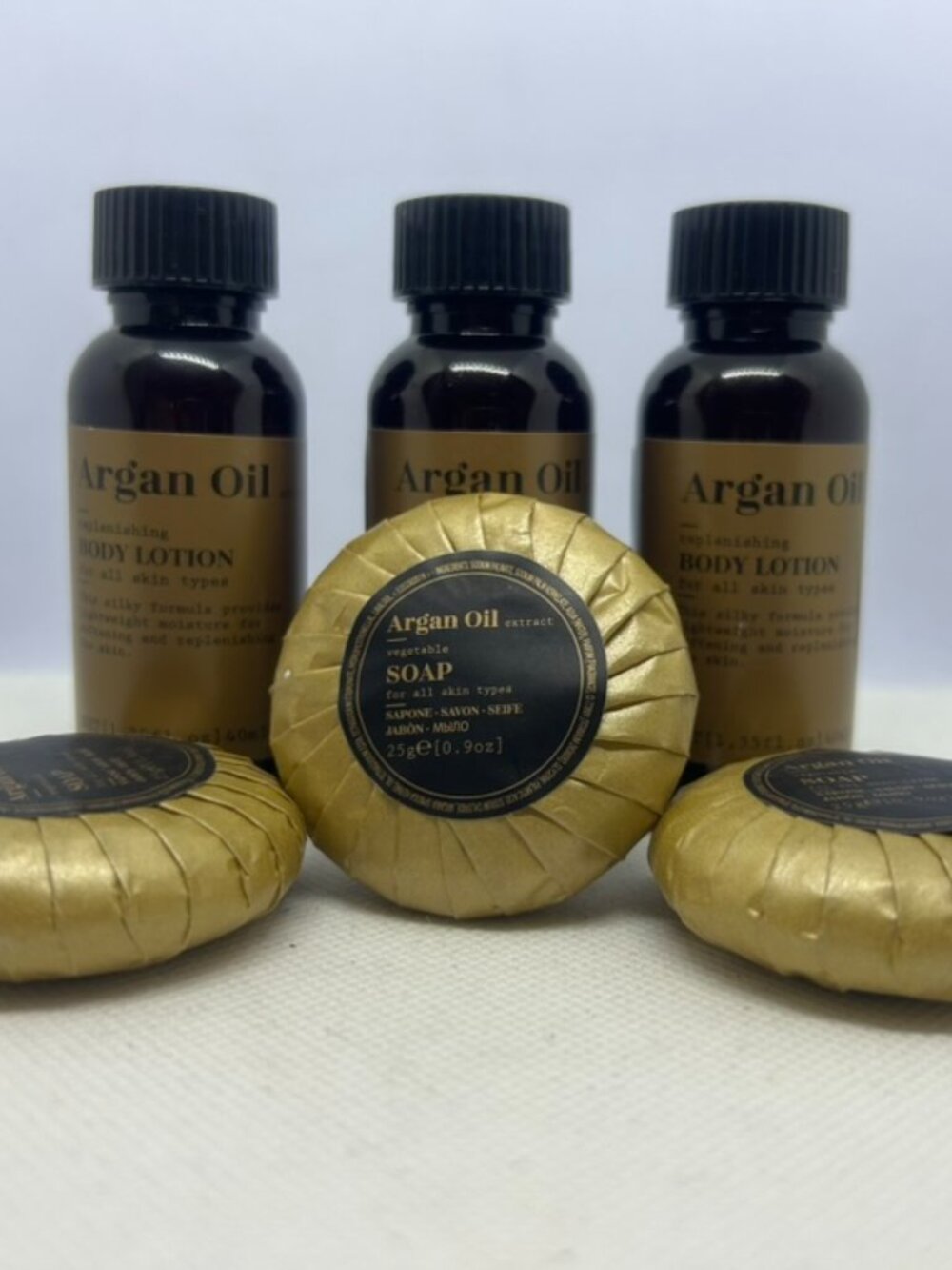 NEW!  Argan Oil ~ Travel Size ~ Vegetable Soap & Replenishing Lotion ~ 6pc set